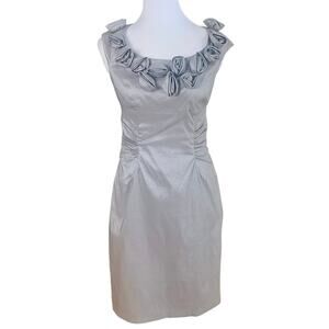 NEW Adrianna Papell Sz 12 Ruched Sheath Dress Silver Gray Rosette Princess Seam
